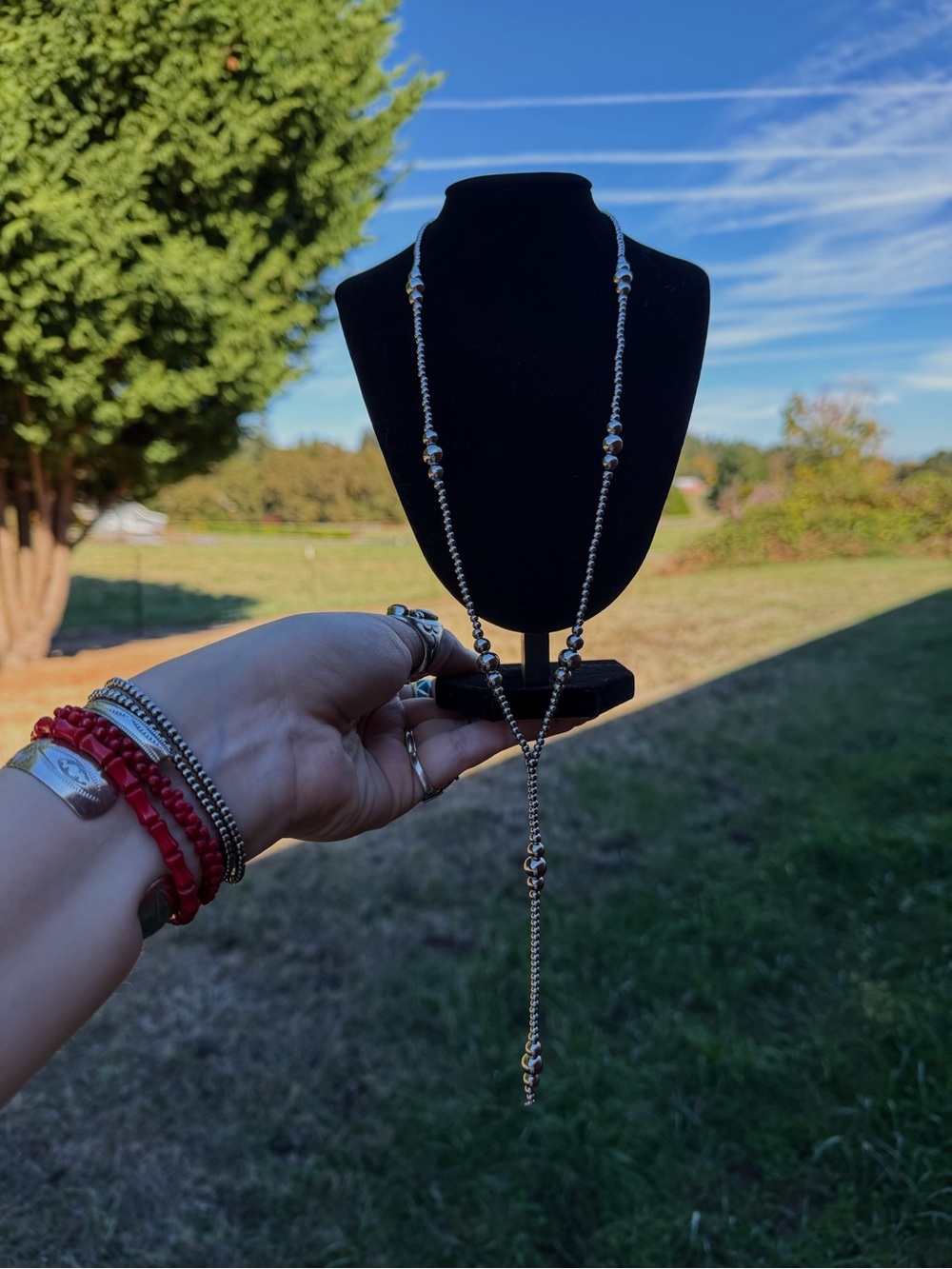 20” Pearl Lariat w/ 5” Drop- Stainless Steel - Navajo Pearl Style